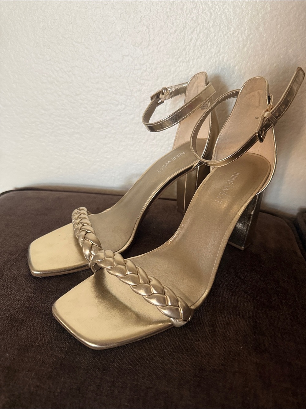 Nine West Metallic Gold Braided Strap Block Heel Sandals